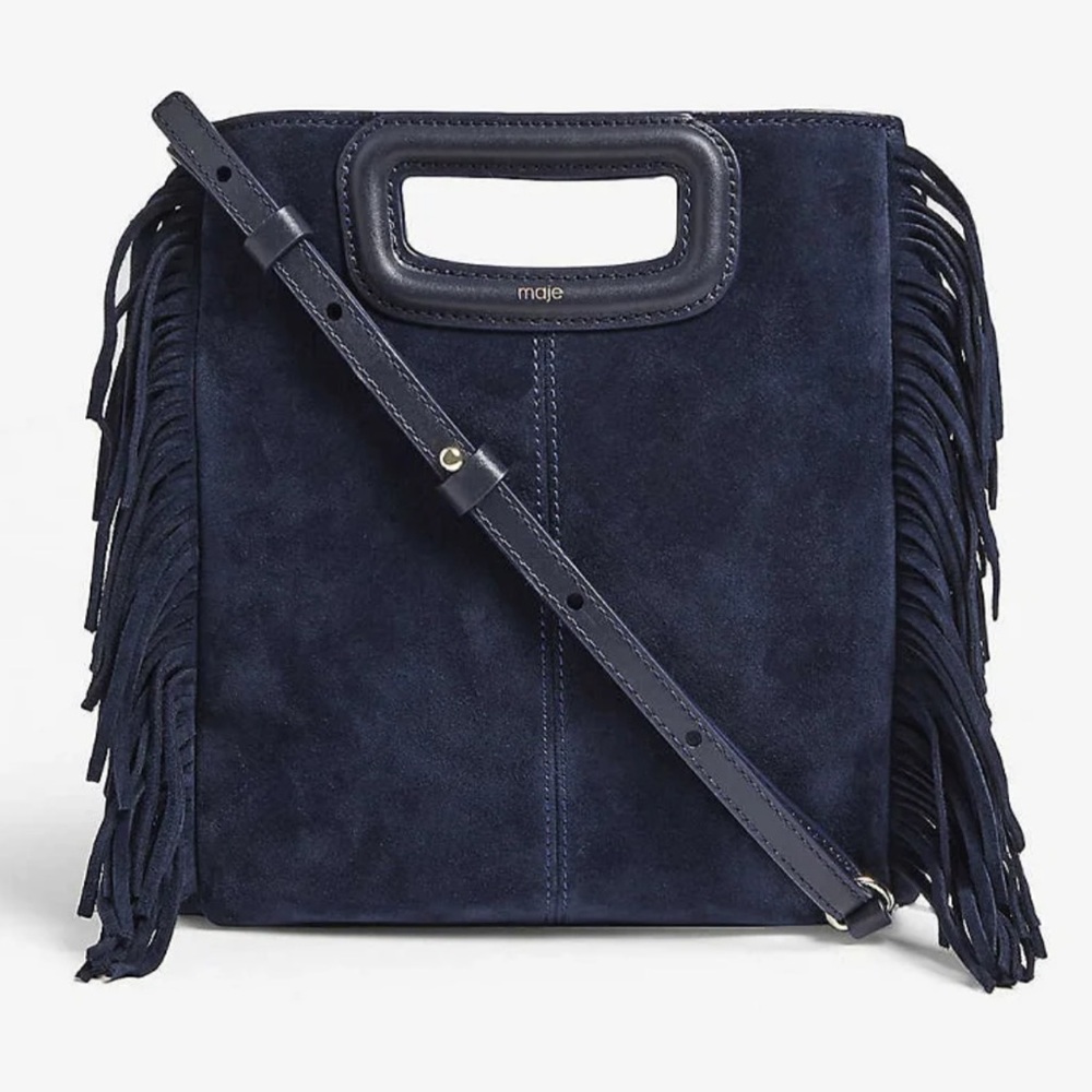 Maje Suede Fringe Bag in Navy with Strap